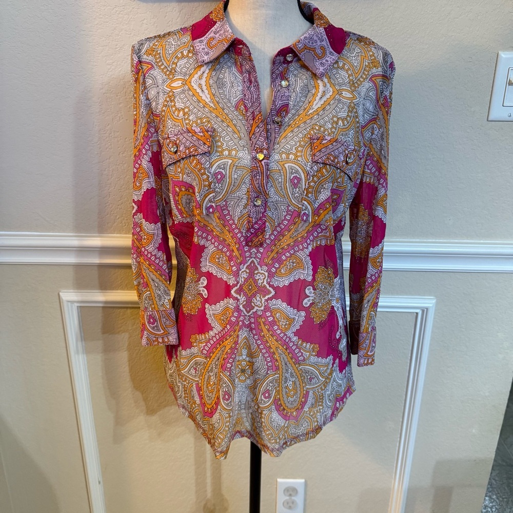 Paisley Hot Pink & Gold Women's Sheer Top Petite XL